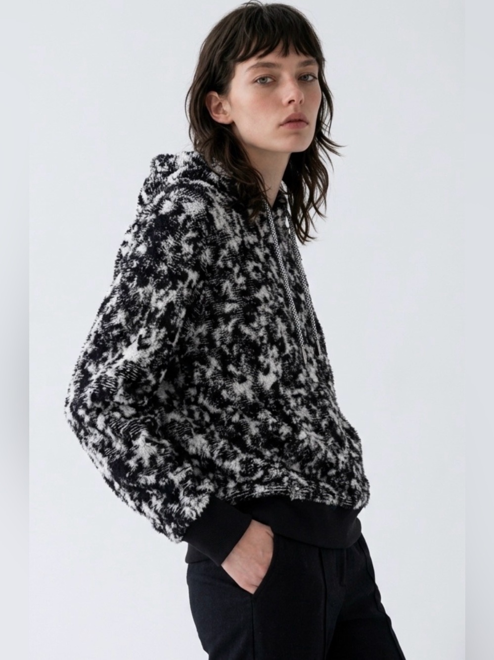 Athleta Tugga Sherpa Jacquard Fleece Hoodie Abstract Black White M